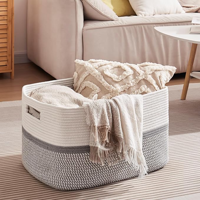 OIAHOMY Large Blanket Basket, 22”x17”x12” Rectangle Woven Baskets, Nursery - Image 4