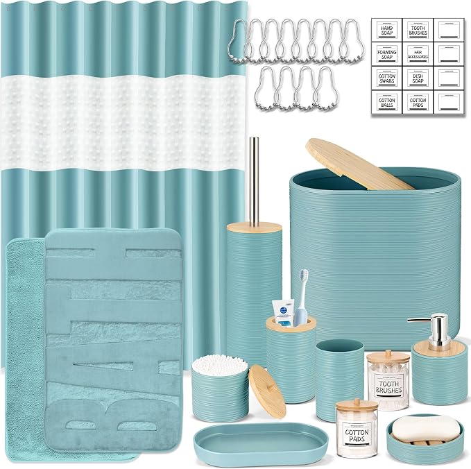 IMAVO Blue Bathroom Set, Trash Can, Soap Dispenser, Soap Dish, Toothbrush Holder by IMAVO