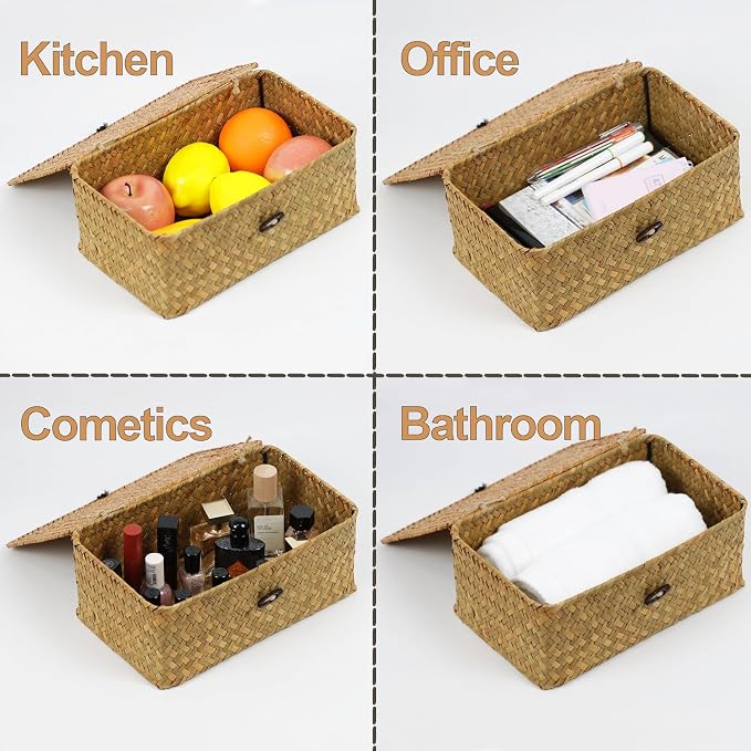 Wicker Basket with Lid, Natural Seagrass Storage Baskets - Image 2