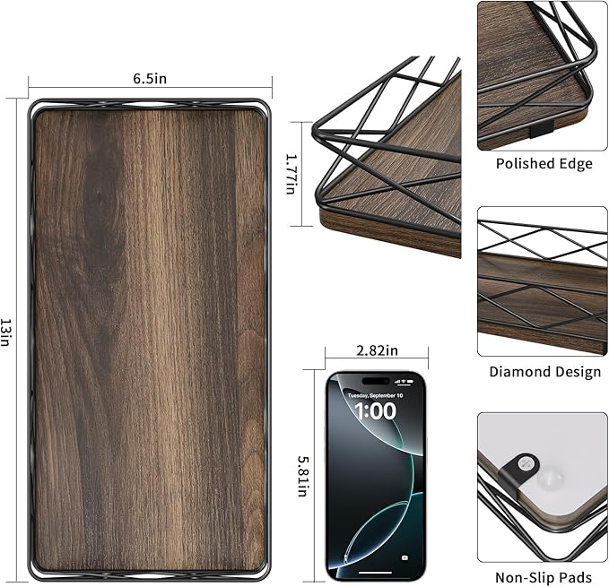 Toilet Paper Basket Holder, Wood and Metal Toilet Tray Vanity Organizer - Image 2
