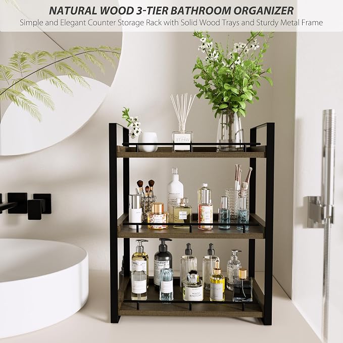 Bathroom Counter Organizer, 3 Tier Wood Countertop Shelf - Image 2