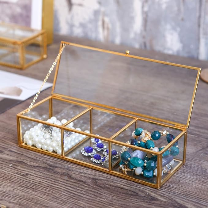 Vintage Golden Glass Lidded Box Clear Glass & Brass Metal Storage Jewelry and - Image 4