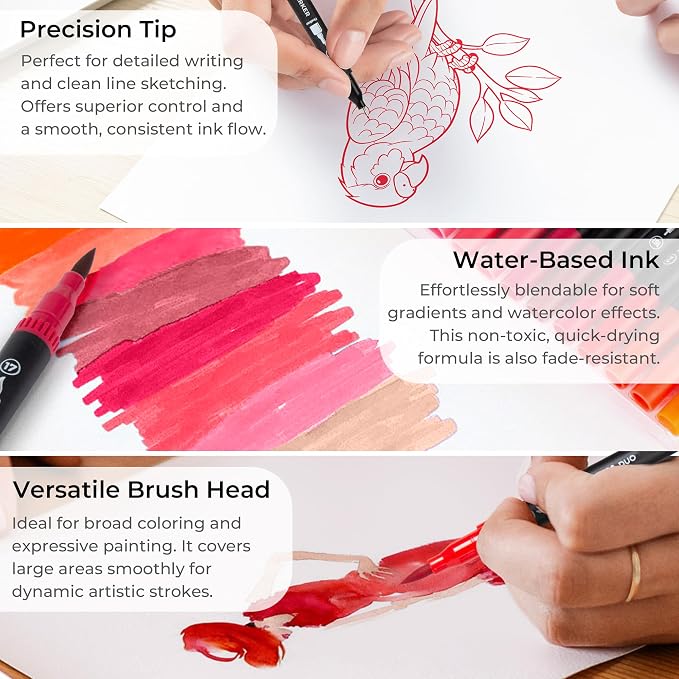 Red Duo Tip Marker Pens, 12 Pack Fine & Brush Markers - Image 3