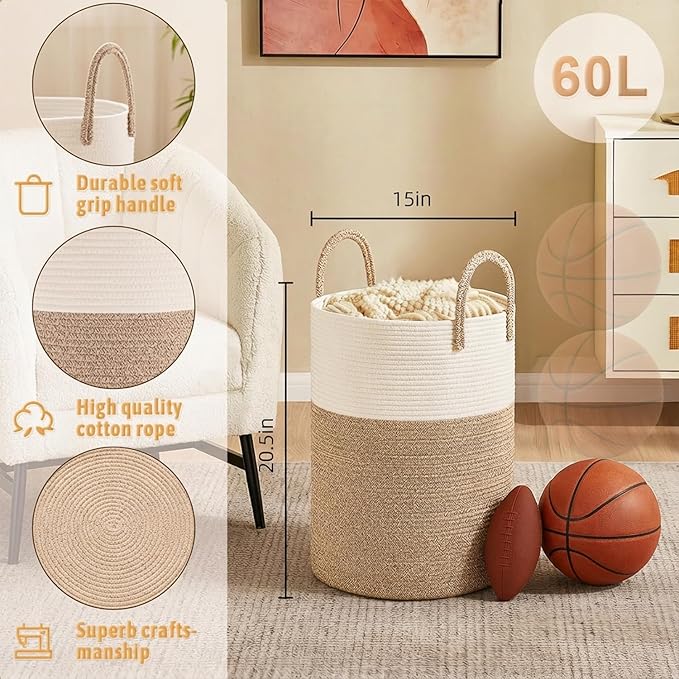Laundry Basket, Woven Cotton Rope Laundry Hamper, 60L - Image 6