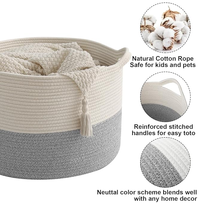 115L Large Blanket Basket, 23.6" L x 23.6" W x 15.7" H Rope Woven Baskets - Image 3