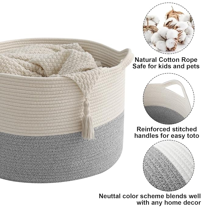 65L Large Blanket Basket, 19.7" L x 19.7" W x 13" H Rope Woven Baskets - Image 3