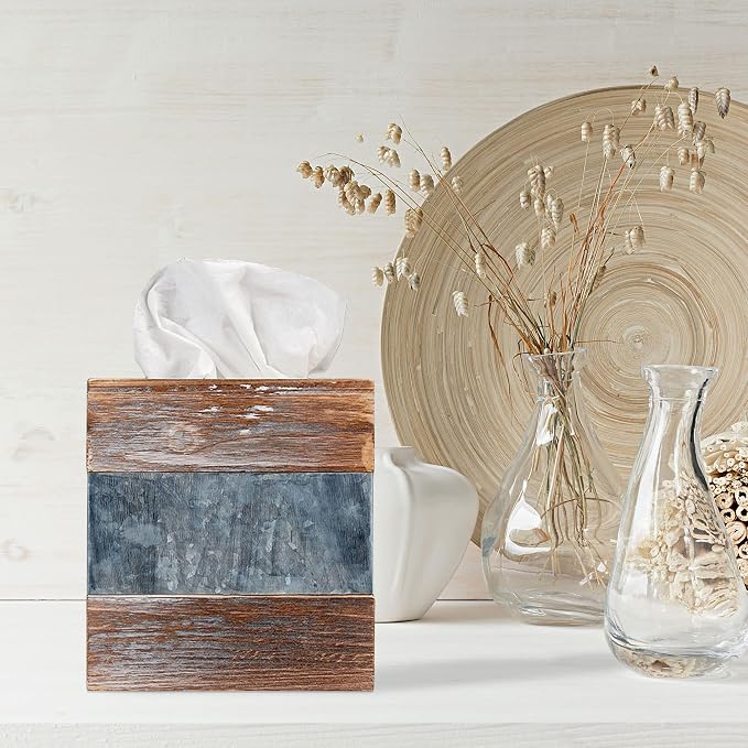 Barnyard Designs Rustic Metal and Distressed Wood Square Tissue Box Cover - Image 3