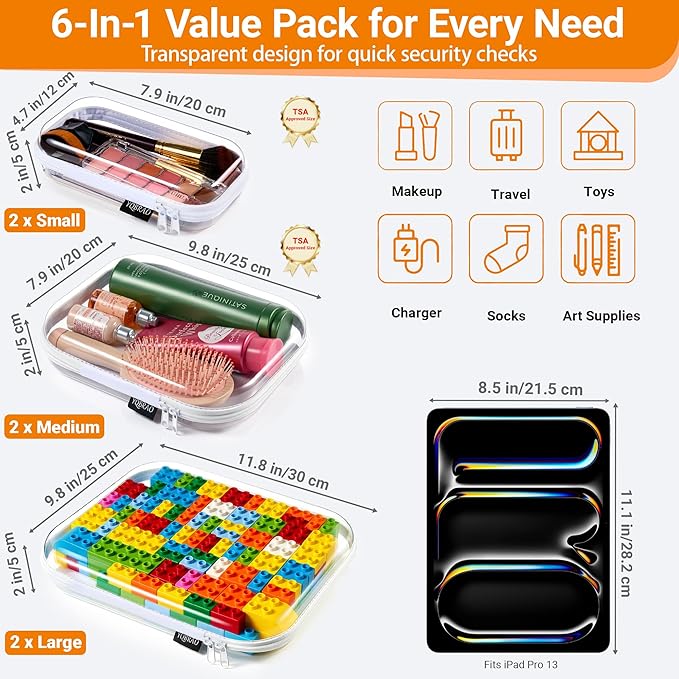 6 Pack Clear Hard Shell Zipper Case, See-Through Hard Plastic Organizer Pouches - Image 4