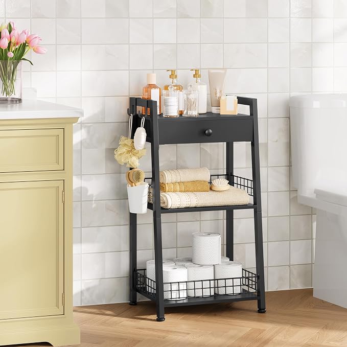 3-Tier Ladder Shelf with Drawer, Bathroom Table Stand - Image 2