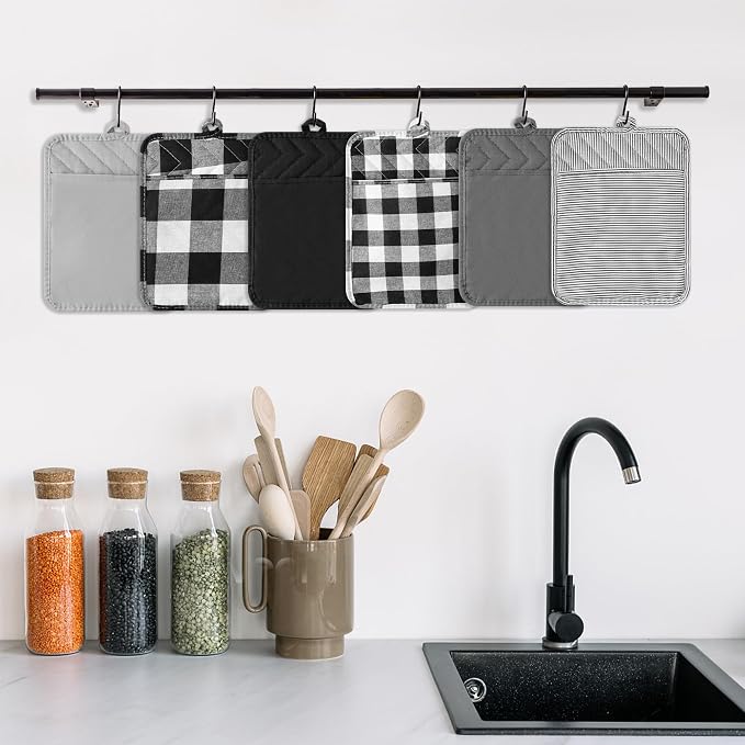 R HORSE 6Pcs Pot Holder with Pocket Black Check Pocket Pot Holder Set Cotton - Image 4