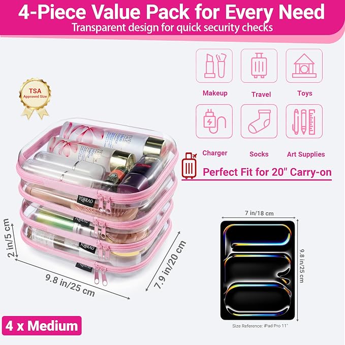 YQBRA 4 Pack Clear Hard Shell Zipper Case, See-Through Hard Plastic Organizer - Image 4