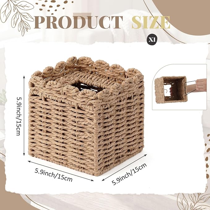 Chengu Scallop Tissue Box Cover, 5.9 Inch Paper Rope Rattan Square Boho - Image 2