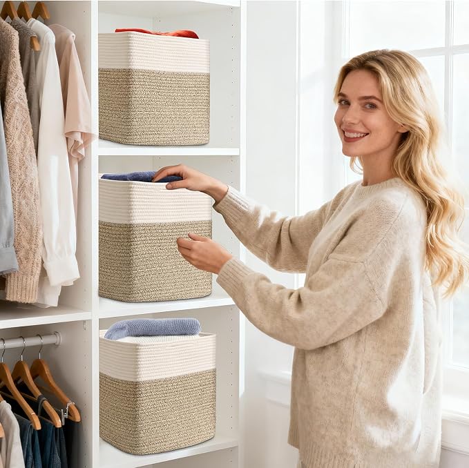 3 Pack Cube Storage Bin, 17”x12”x12” Cotton Rope Woven Baskets - Image 8