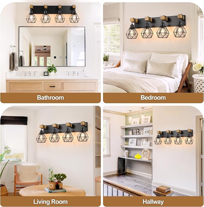 4-Light Farmhouse Bathroom Vanity Light Fixtures, Wood Bathroom Light Fixtures - Image 7