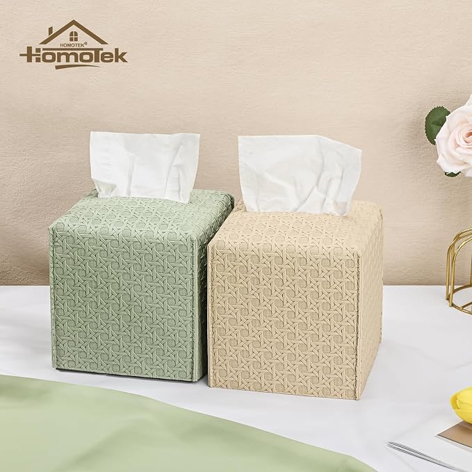 HOMOTEK 2 Pack Tissue Box Cover, Square PU Leather Tissue Holder, Decorative - Image 6