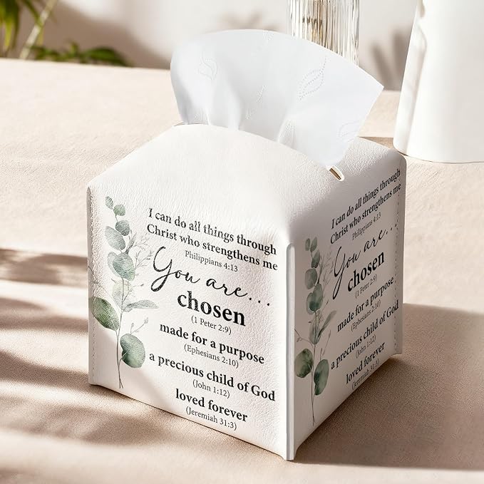Inspirational Christian Tissue Box Cover Square, You are Chose Leather Tissue - Image 9