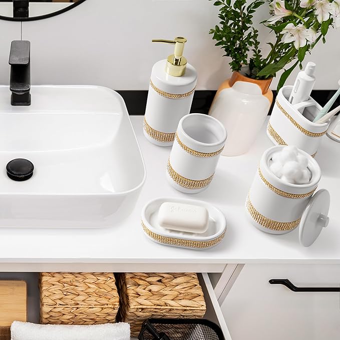Bathroom Accessories Set with Diamonds 5 Pieces Toothbrush Holder Soap - Image 5