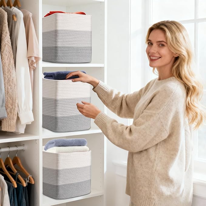 3 Pack Cube Storage Bin, 17”x12”x12” Cotton Rope Woven Baskets - Image 9