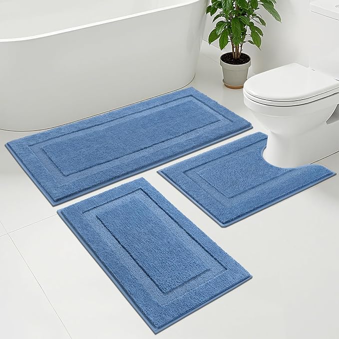 SHACOS Blue Bathroom Rugs Sets 3 Piece, Soft Fluffy Water Absorbent Bathroom - Image 9