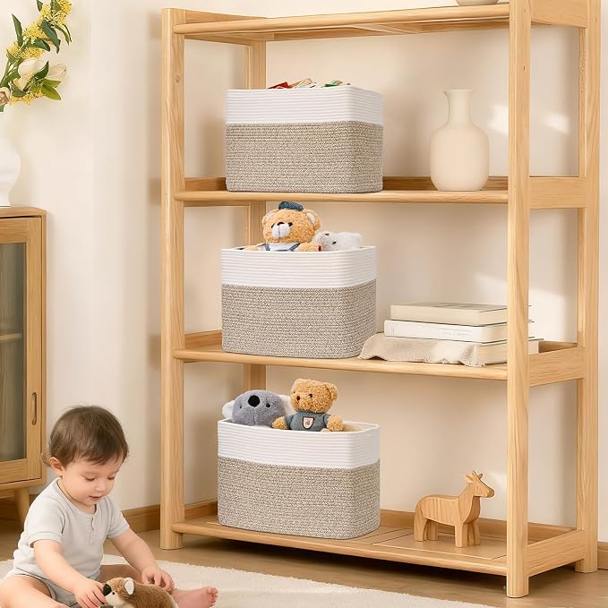3 Pack Cube Storage Bin, 17”x12”x12” Cotton Rope Woven Baskets - Image 6