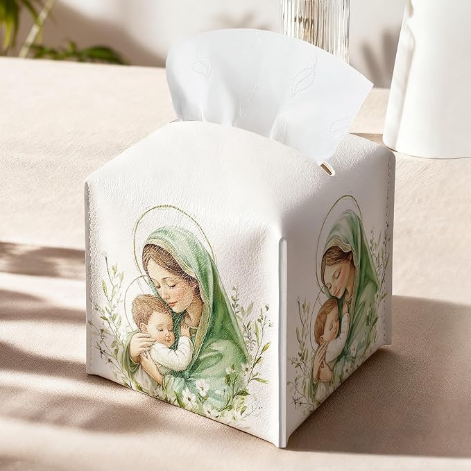 Holy Infant & Virgin Mary Square Tissue Box Cover, PU Leather Drawstring Bottom - Image 9