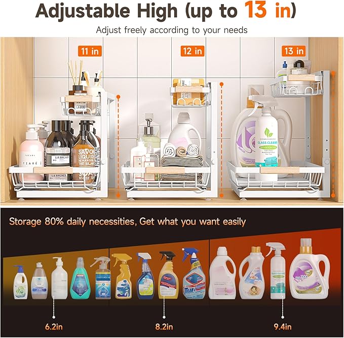 2 Packs Under Sink Organizer, Height Adjustable 2 Tier Under Kitchen Sink - Image 2