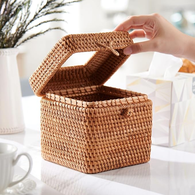 Rattan Square Tissue Box Cover, 5.7" x 5.7" x 5", Decorative Woven Facial - Image 8