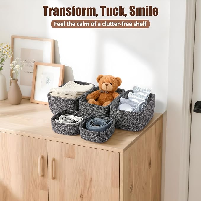 5-Pack Small Woven Rope Storage Baskets – 2 Sizes Organizer Bins - Image 6