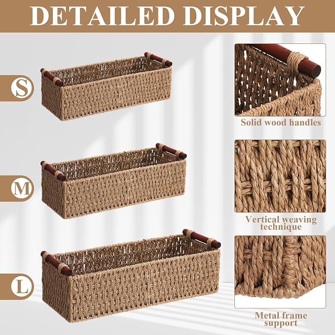 Boao 3 Pcs Boho Storage Wicker Baskets Handmade Woven Decorative Paper Rope - Image 3