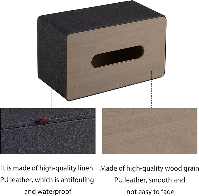 High-end Pu Leather Tissue Box Holder Two Color Combination-Linen and Wood Grain - Image 4