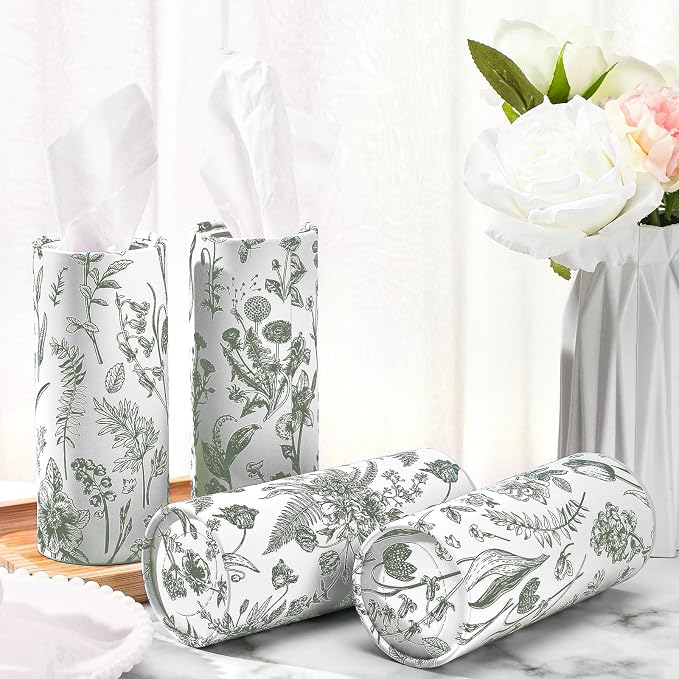 Zonon 8 Pcs Car Tissues Holder Sage Green Floral Round Box - Image 7