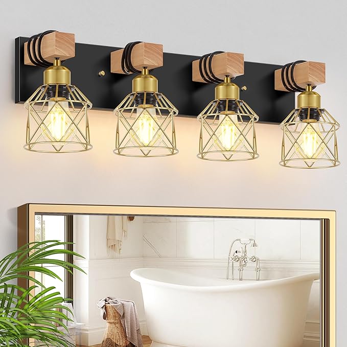 FadimiKoo Farmhouse Bathroom Vanity Light Fixtures, 4-Light Wood Bathroom by FadimiKoo