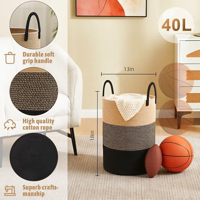 Laundry Basket, Woven Cotton Rope Laundry Hamper, 40L - Image 6