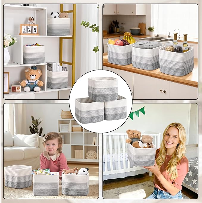 3 Pack Cube Storage Bin, 9”x9”x7” Cotton Rope Woven Baskets - Image 7
