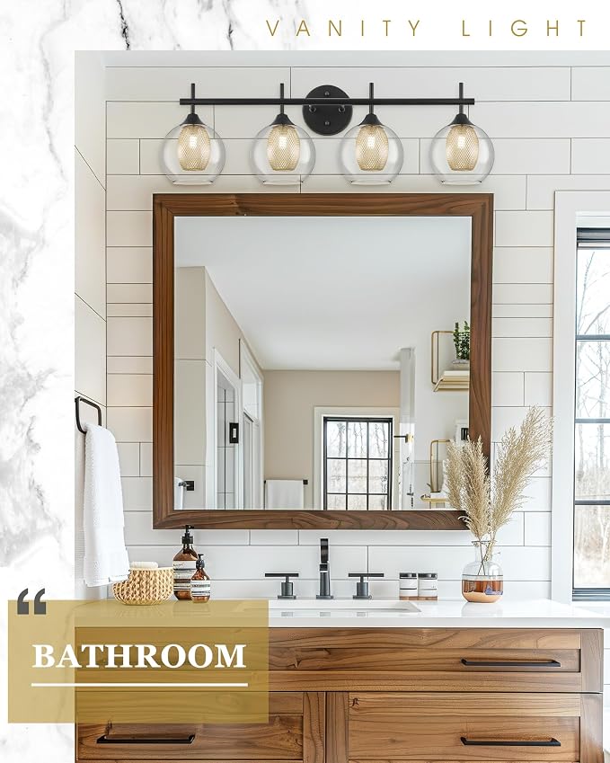 Bathroom Light Fixtures, 4-Light Black and Gold Vanity Lights Over Mirror - Image 6
