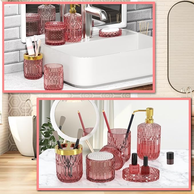 New Pink Glass Bathroom Accessories Set 5 Pcs, Soap Dispenser and Toothbrush - Image 7