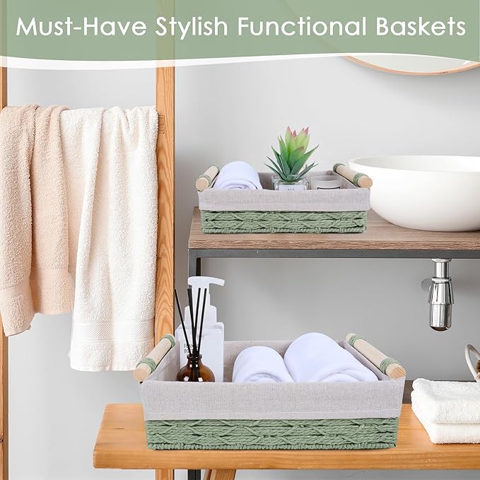 Wicker Storage Basket with Wooden Handle – Paper Rope Decorative Toilet Paper - Image 4