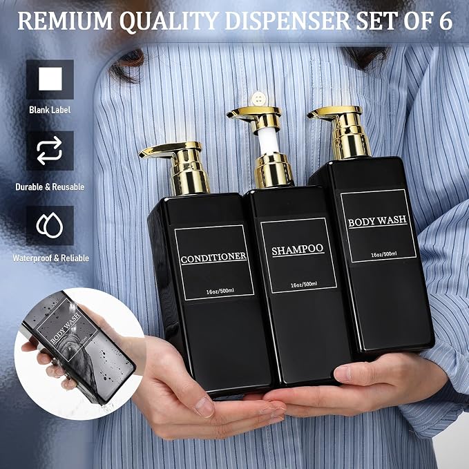 Gejoy 12 Pack Black Shampoo and Conditioner Dispenser Bottles, 17 Oz/ 500ml - Image 3