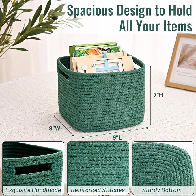 3 Pack Cube Storage Bin, 9”x9”x7” Cotton Rope Woven Baskets - Image 4
