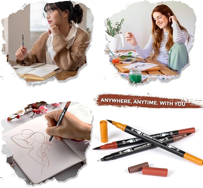 Brown Duo Tip Marker Pens, 12 Pack Fine & Brush Markers - Image 7