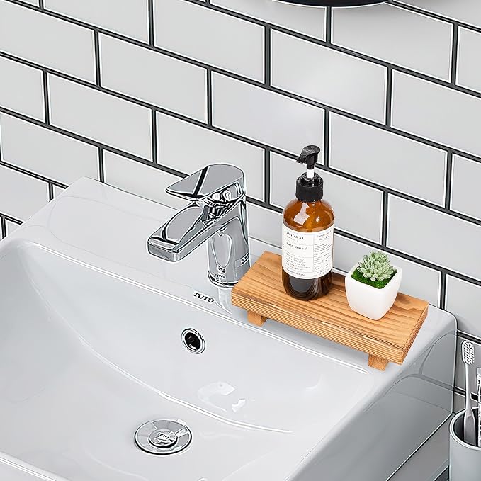 Bathroom Counter Organizer Wood Pedestal Stand Farmhouse Decorative Tray Soap - Image 5