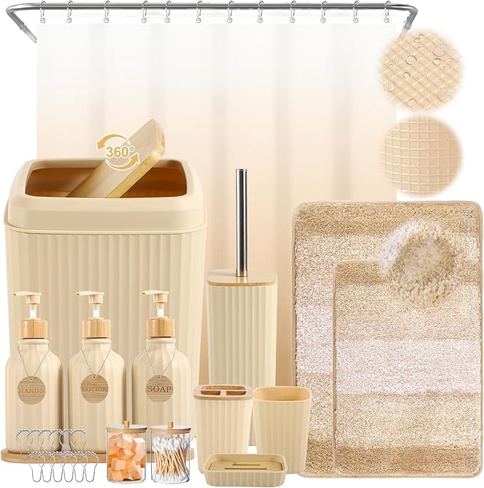 32PCS Bathroom Sets with Shower Curtain and Rugs Beige Bathroom Accessories Set by BetterbathroomwithXLHOME
