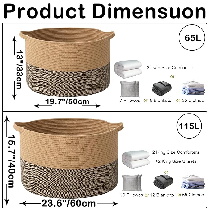 115L Large Blanket Basket, 23.6" L x 23.6" W x 15.7" H Rope Woven Baskets - Image 2