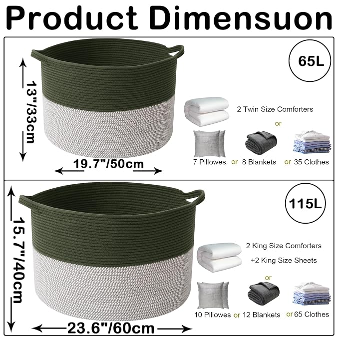 65L Large Blanket Basket, 19.7" L x 19.7" W x 13" H Rope Woven Baskets - Image 2