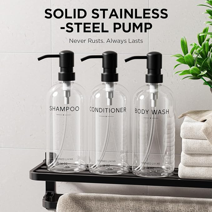 Shampoo and Conditioner Dispenser Set, 3 Refillable 16oz Bottles - Image 4