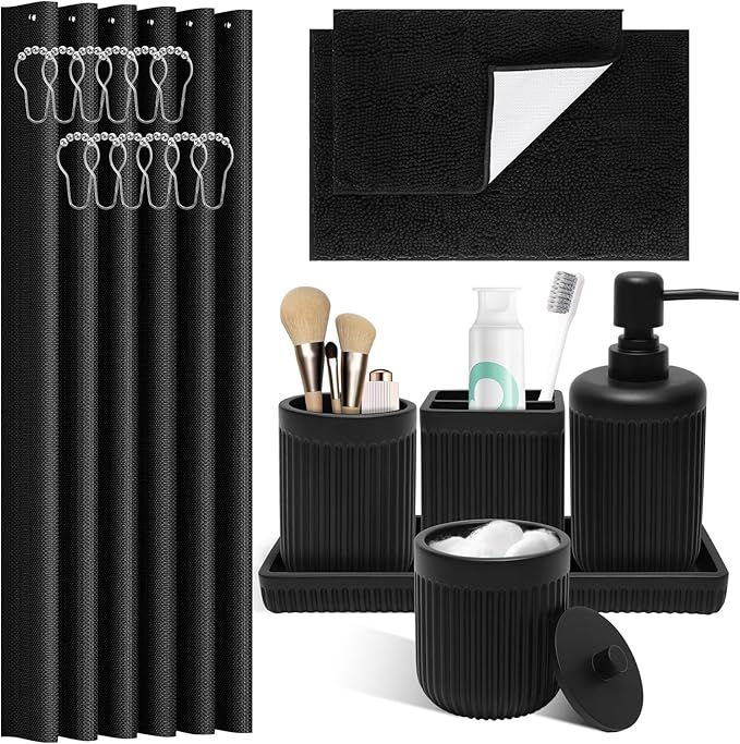 Matte Black Bathroom Sets with Shower Curtain and Rugs, 8-Piece Resin Bathroom by BetterbathroomwithXLHOME