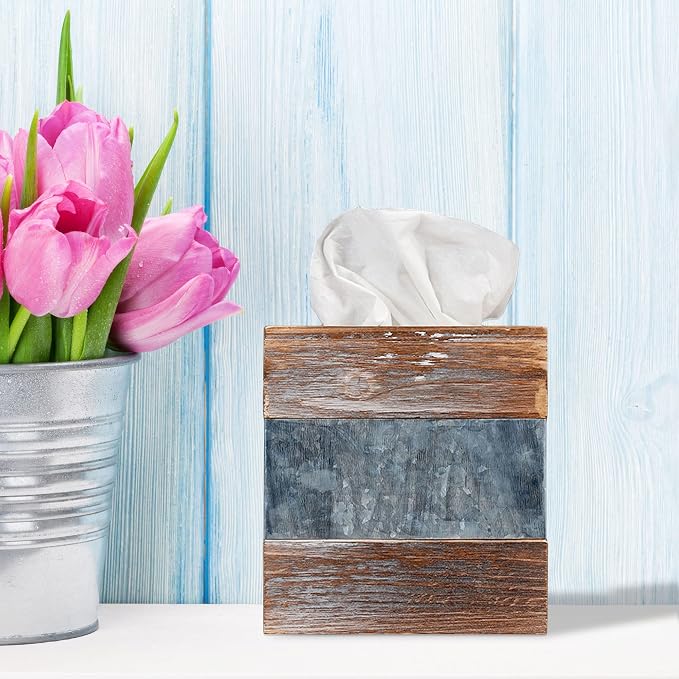 Barnyard Designs Rustic Metal and Distressed Wood Square Tissue Box Cover - Image 2