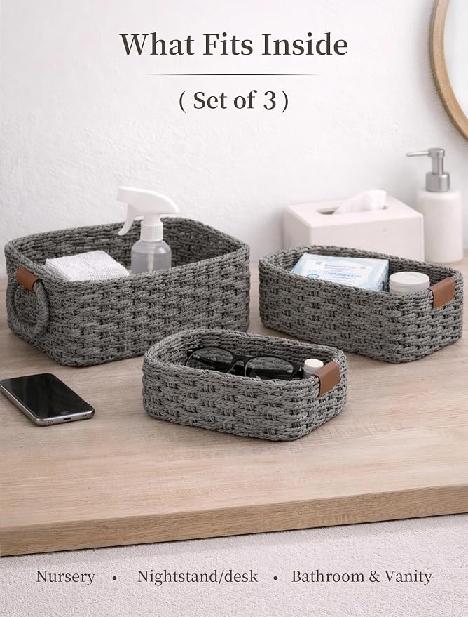 Storage Basket, Recycled Paper Rope Bathroom Basket Organizer, Mini wicker - Image 3