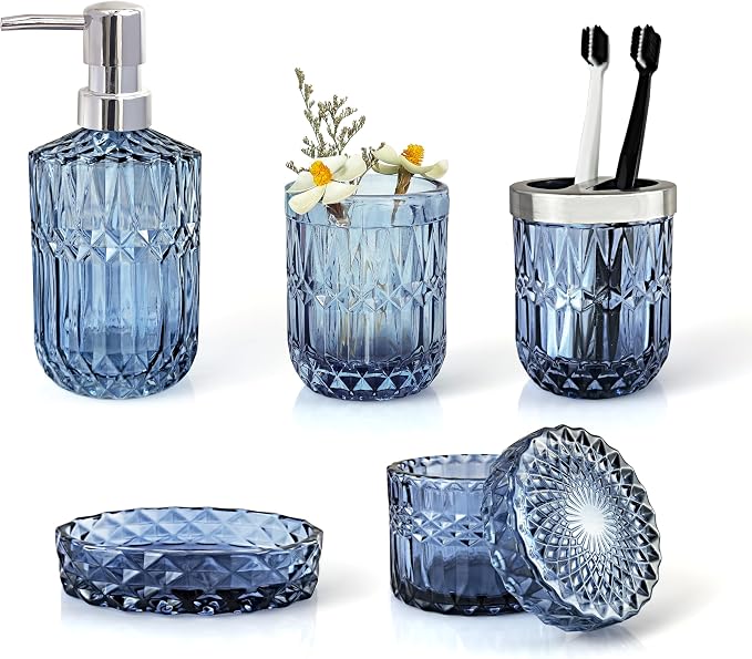 Blue Bathroom Accessories Set, Hand Soap Dispenser, Soap Dish, Toothbrush by LaMarriti