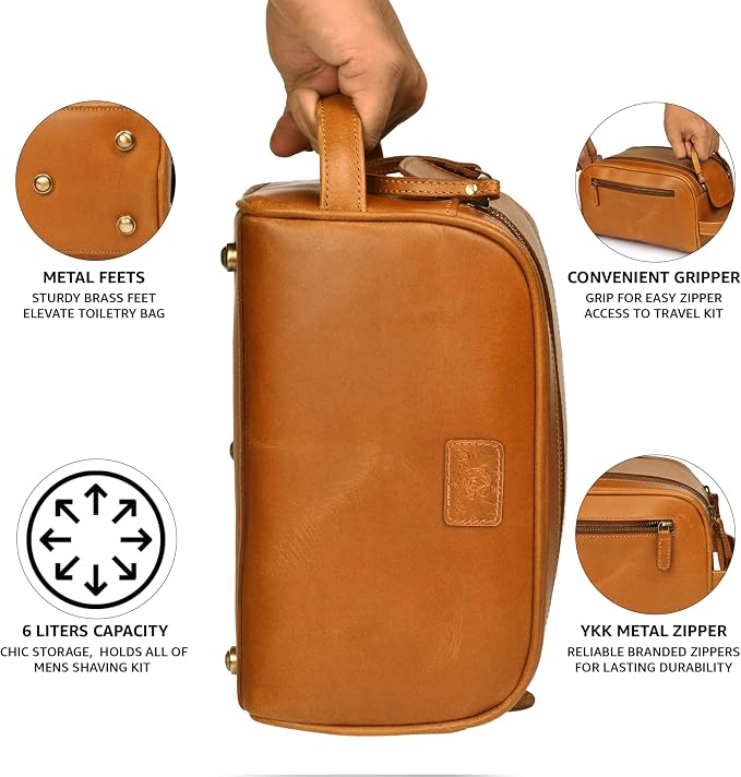 Premium Leather King Size Toiletry Travel Pouch – Handcrafted Dopp Kit Bag - Image 4